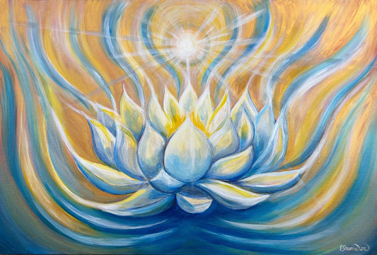 Abstract painting of a glowing lotus flower radiating light and energy.