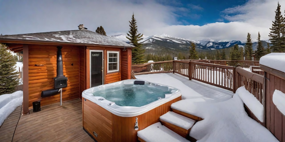  A hot tub on a deck with a view of snow-covered mountains