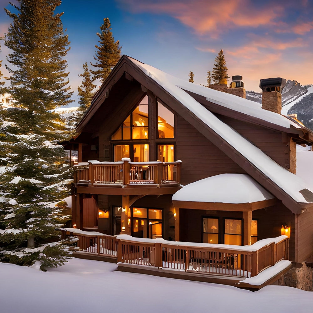  A charming snow-covered cabin at dusk with warm lights shining through large windows, nestled among evergreen trees against a backdrop of a soft twilight sky, inviting a peaceful retreat in a mountainous winter wonderland.