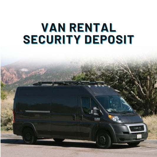 Black van parked with mountains in the background, labeled "Van Rental Security Deposit."