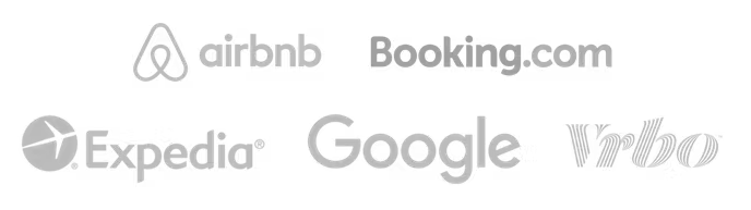 Logos of popular travel and accommodation websites: Airbnb, Booking.com, Expedia, Google, and Vrbo.