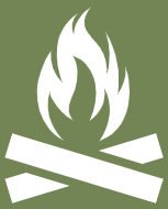 Icon of a campfire with flames above crossed logs on a green background.