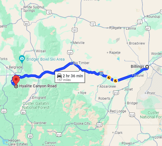 Map showing a driving route from Billings to Hyalite Canyon Road, covering 157 miles in 2 hours and 36 minutes.