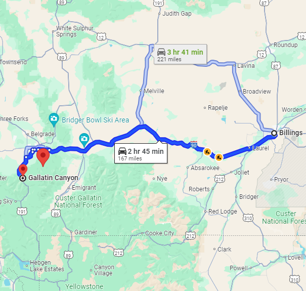 Map showing driving routes from Billings to Gallatin Canyon, with two options covering 167 and 221 miles.