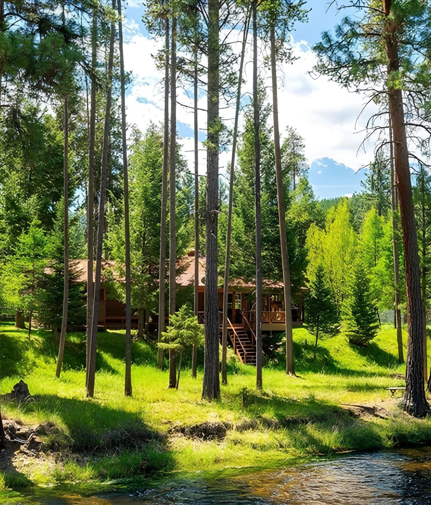 A rustic cabin on the riverbank in the woods