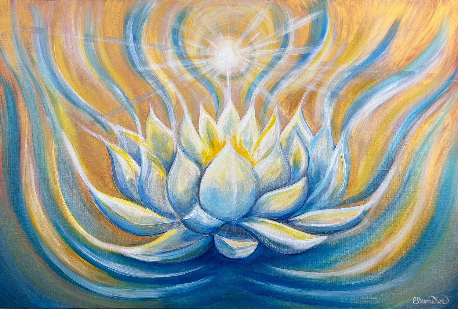 A beautiful painting of a lotus flower with a radiant sunburst in the background