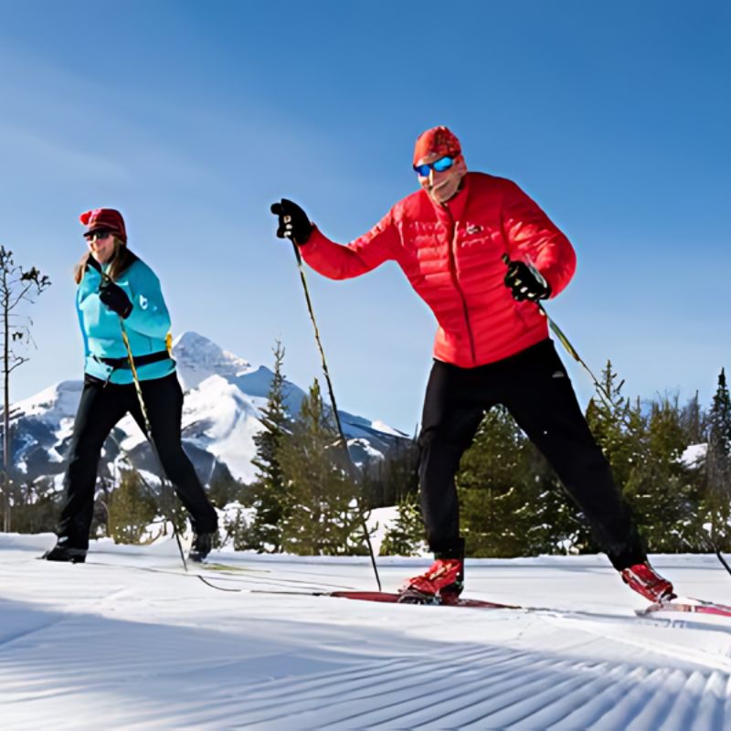 Two skiers navigate a snowy slope, demonstrating skill and camaraderie in a picturesque winter setting.