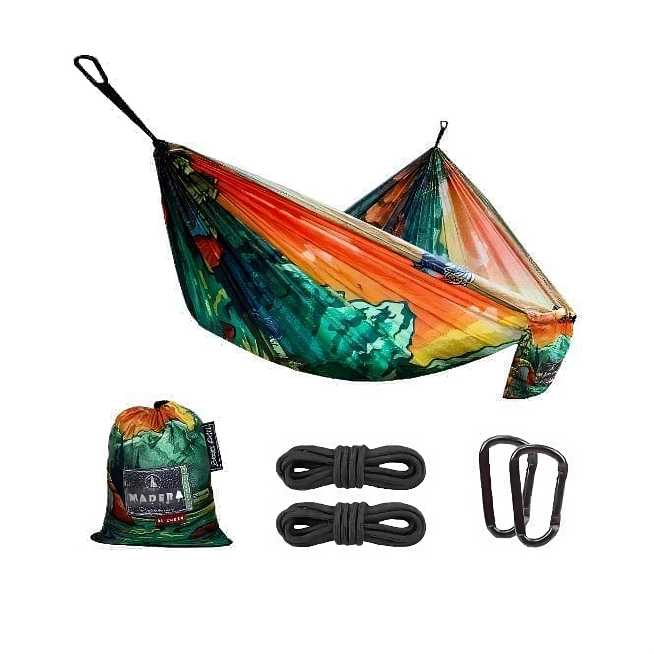 A colorful hammock with matching accessories, perfect for relaxing outdoors on a sunny day.