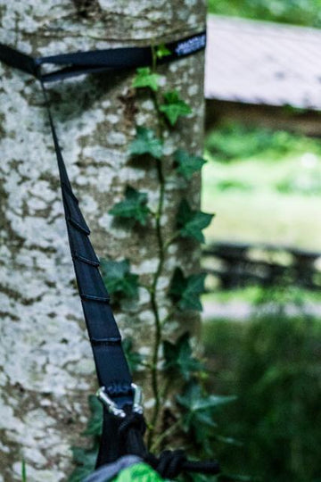 Medium-duty black hammock straps from Madera Outdoor, designed for camping hammocks like ENO. Each strap features multiple loops for adjustable length, neatly rolled and presented on a plain white background, with the distinct Madera Outdoor logo centered on each strap.