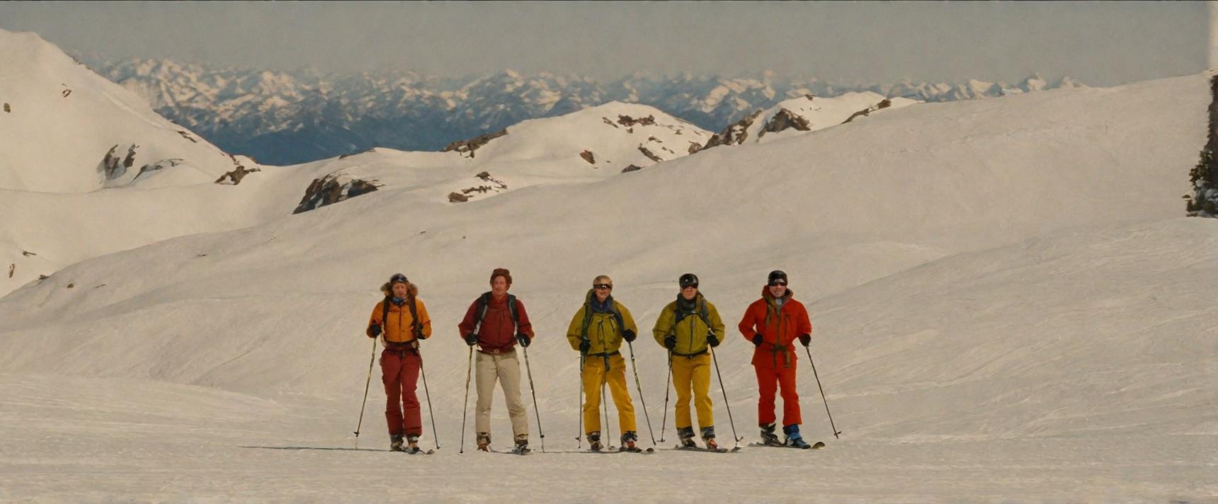 A group of five skiers standing on a snowy slope with ski poles, dressed in colorful winter gear, with a breathtaking mountain range in the background under a clear sky, capturing the adventurous spirit of mountain sports.