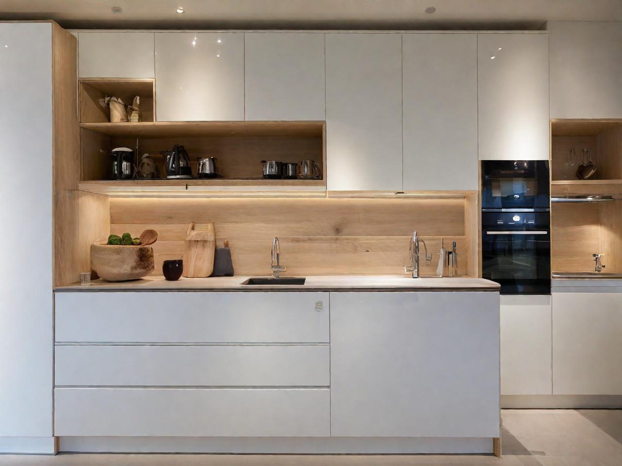 A modern and minimalist kitchen design featuring smooth, light grey cabinetry with integrated handles, natural wood shelving and accents, premium stainless steel appliances, and a neat countertop with contemporary fixtures, creating a serene and stylish cooking space.