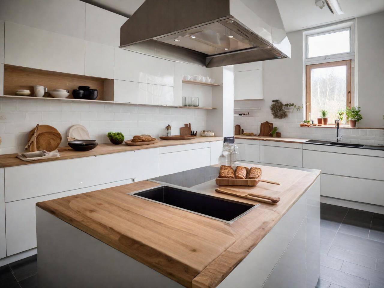 A kitchen with white cabinets and wooden counter tops.