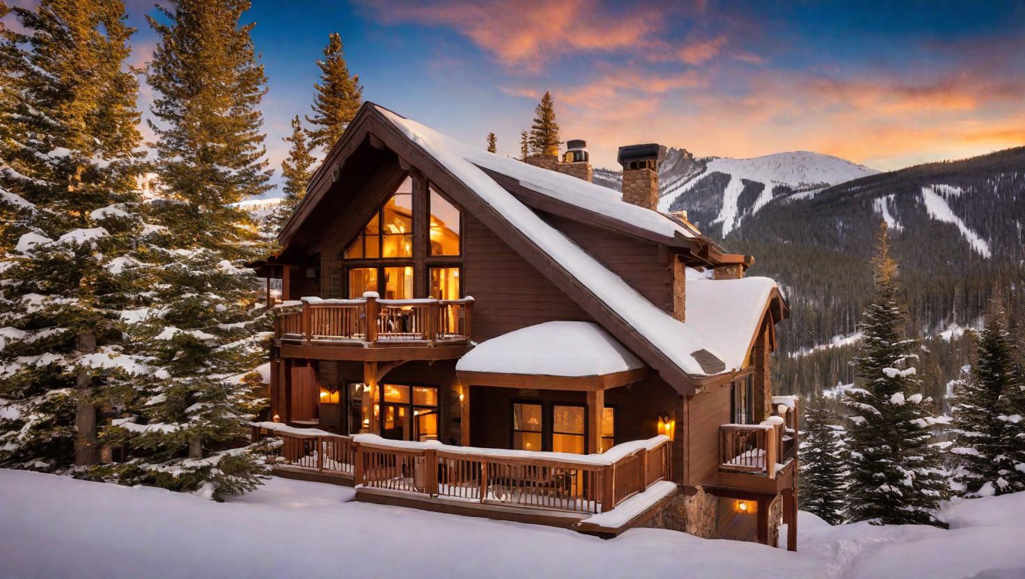 A large cabin nestled in snowy mountains, surrounded by a winter wonderland.