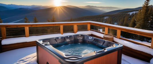 An inviting outdoor hot tub sits on a snowy deck, offering stunning views of rolling mountains and a setting sun, creating a perfect winter retreat.