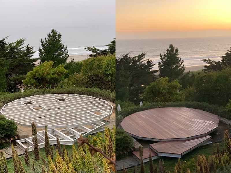 Two circular decks overlooking the ocean, providing a breathtaking view of the vast blue expanse.