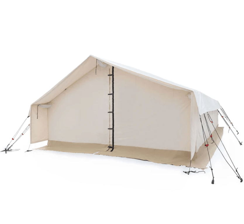 A white canvas tent with two doors, providing shelter and privacy in an outdoor setting.