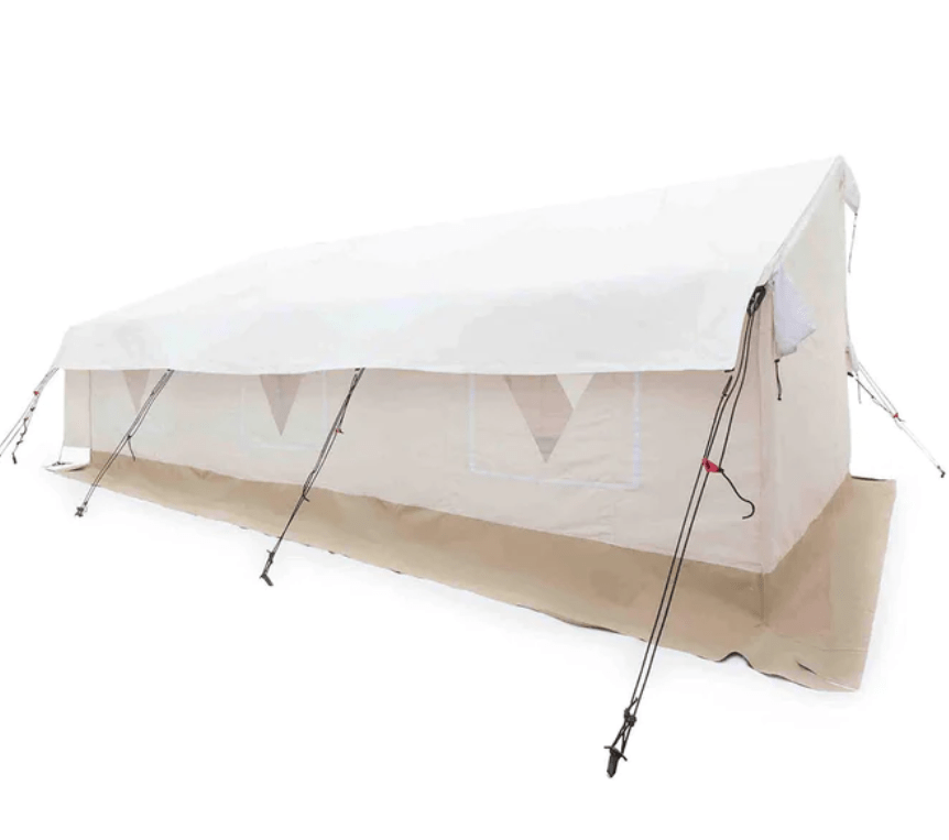 A white canvas tent with black poles